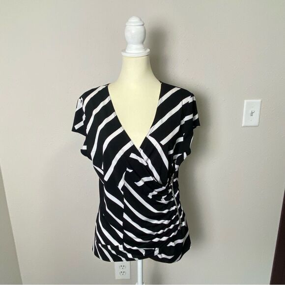 Vintage Joseph Ribkoff Black White Striped Faux Wrap VNeck Blouse Womens Size 18 - Picture 12 of 15